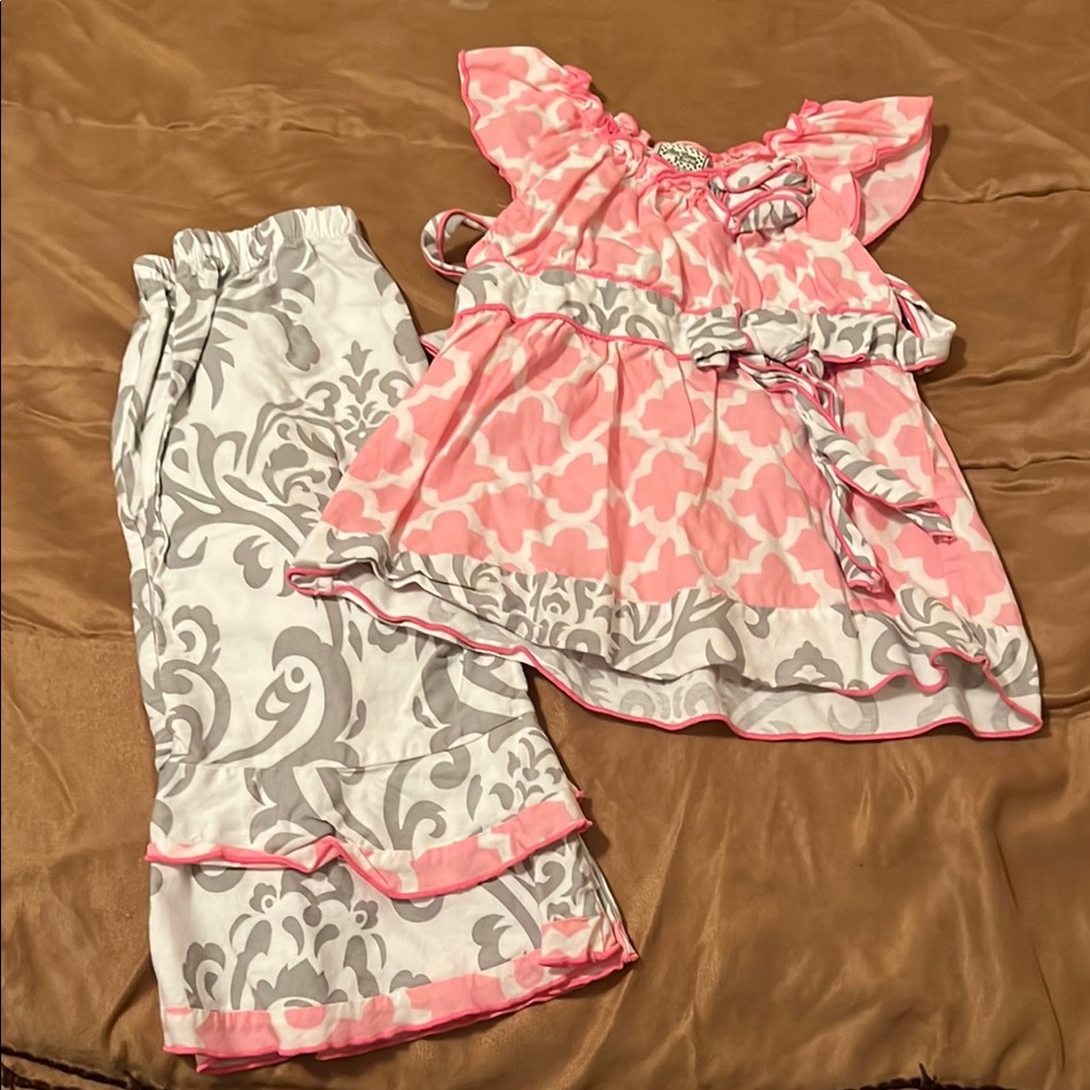 Ann Loren Pink and Gray flare pants with Ruffles and Damask